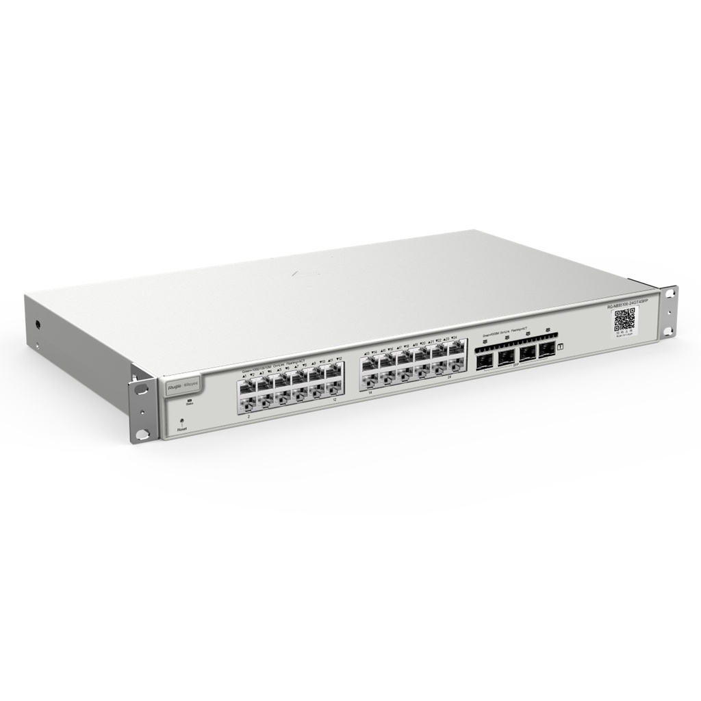 [RG-NBS5200-24GT4XS] Ruijie Reyee SME - Switch Administrable Capa 3 con 24 puertos Gigabit PoE 802.3af/at + 4 SFP+ para Fibra 10Gb 370W Administración Remota Gratuita en la Nube