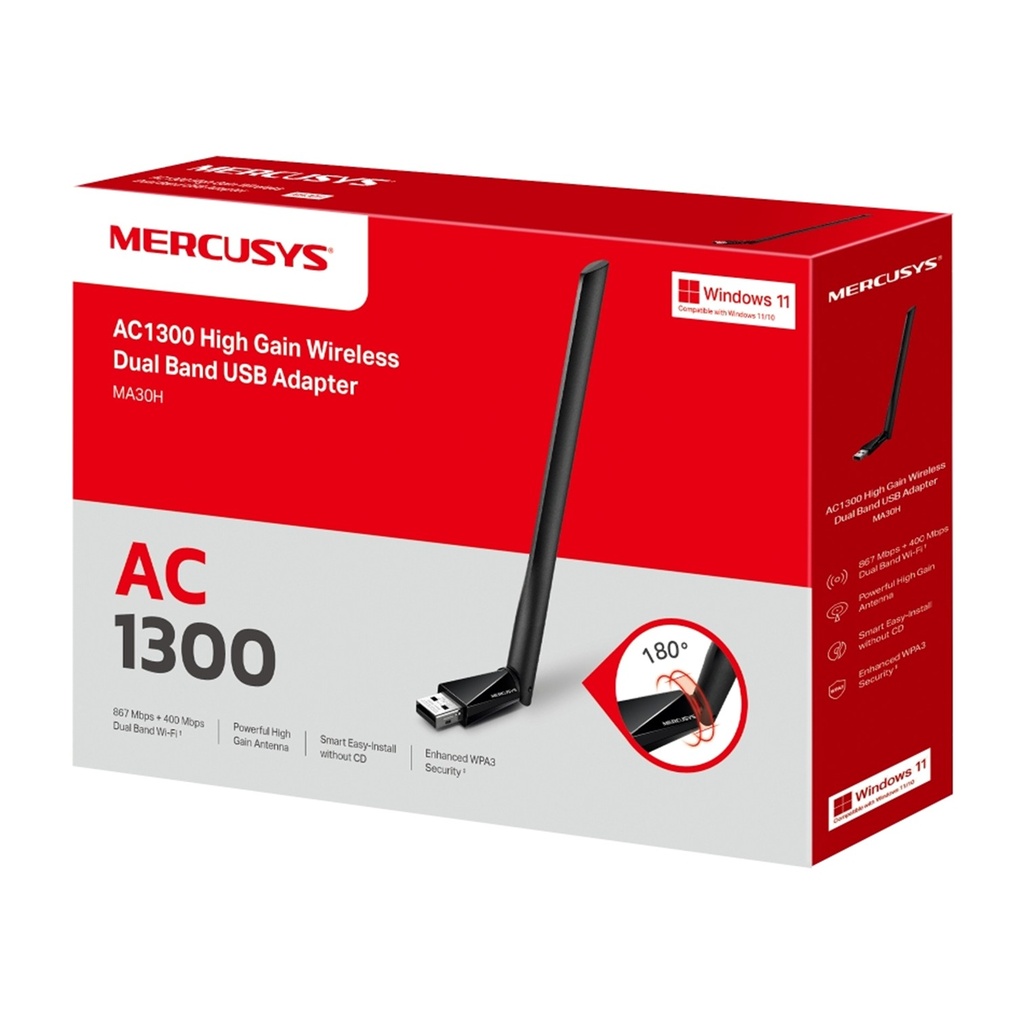 [MA30H]  Mercusys - Adaptador USB Inalambrico WiFi Doble banda de Alta Ganancia AC1300
