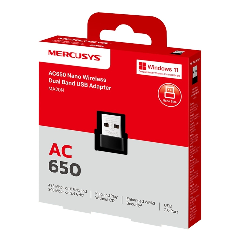 [MA20N] Mercusys - Adaptador Nano USB Inalambrico WiFi Doble Banda AC650