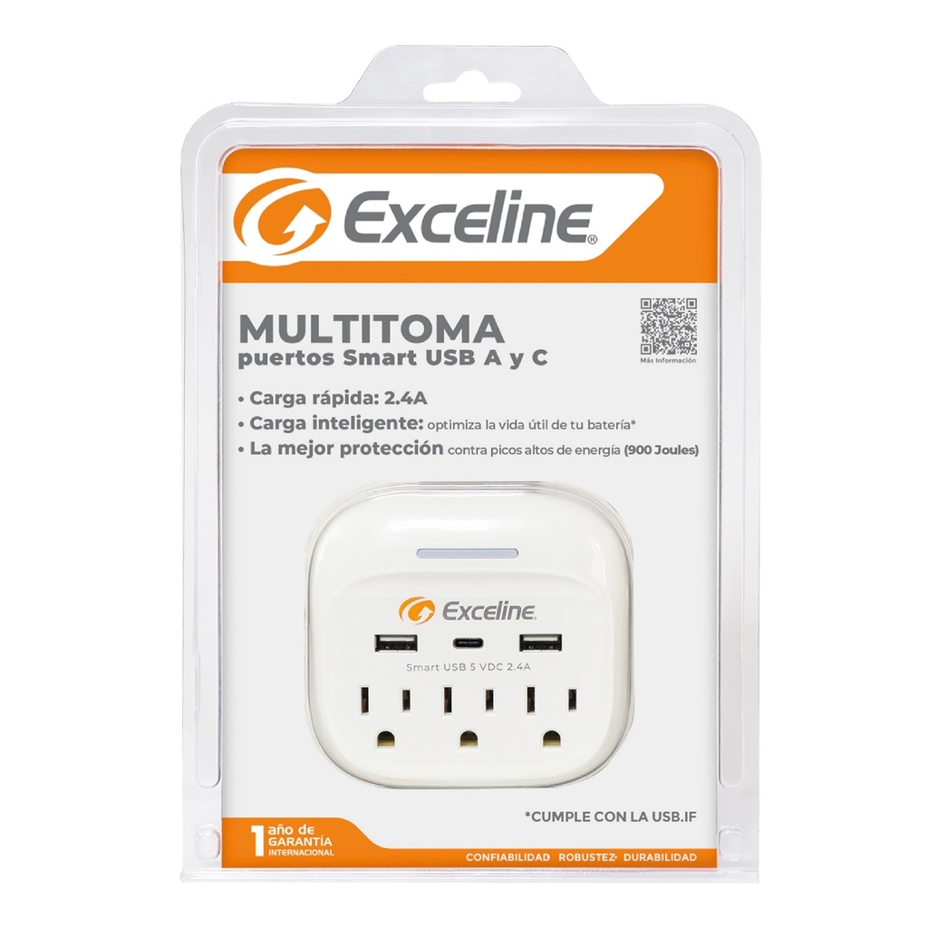 [GMT-3R3U] Exceline - Multitoma con Puertos USB CYA-Tres Receptaculos 120vac y 3 puertos USB