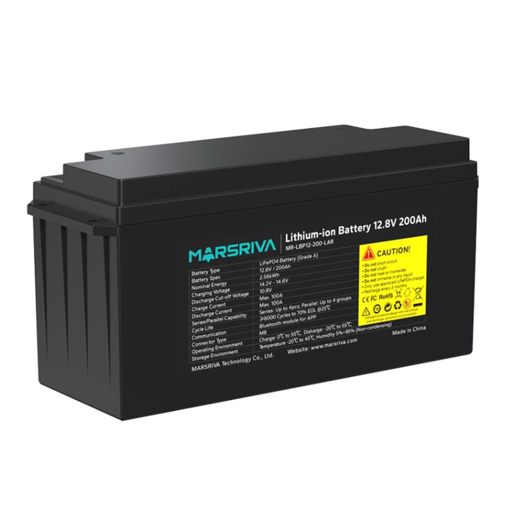 [MR-LBP12-200-LAR] Marsriva - Batería de Litio de Reemplazo de Plomo-Ácido 12.8V 200Ah (2.56kWh / 12.8V / 200Ah)