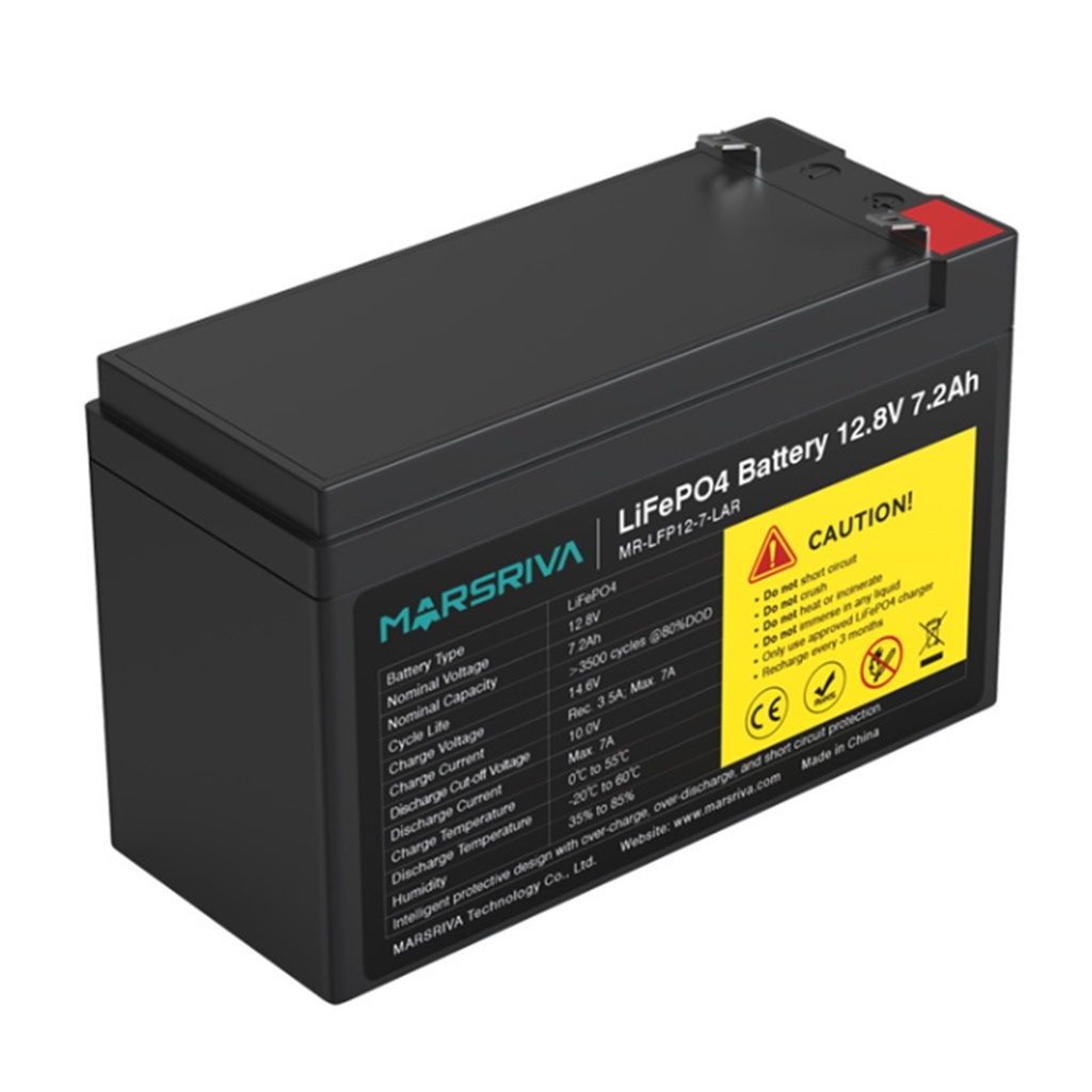 [MR-LFP12-7-LAR] Marsriva - Batería de Litio de Reemplazo de Plomo-Ácido 12.8V 7.2Ah (92.16Wh / 12.8V / 7.2Ah) Entrada de CC de 12-45V