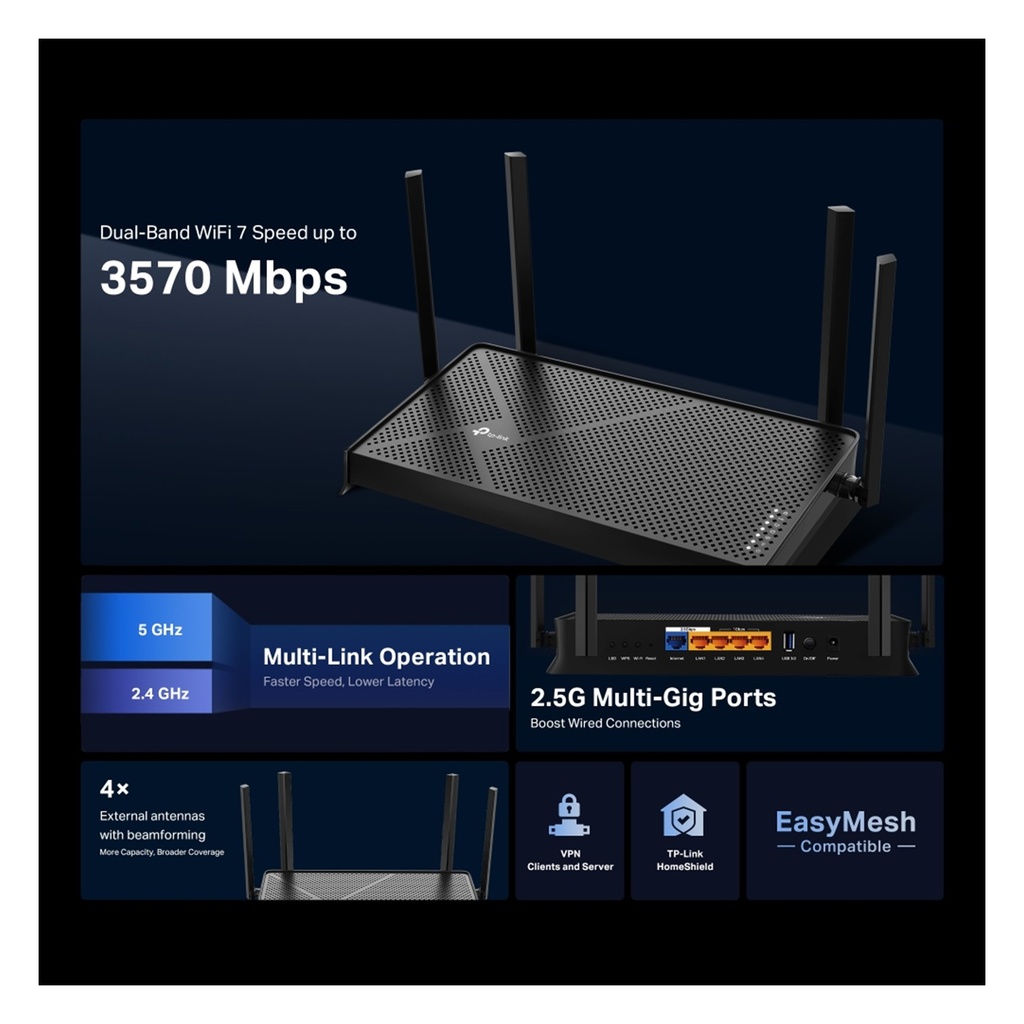 [BE230-Archer] TP-Link - Router Inalambrico Wi-Fi 7 EasyMesh Doble Banda de 3.6 Gbps Puertos Multi-Gigabit BE3600 WiFi7