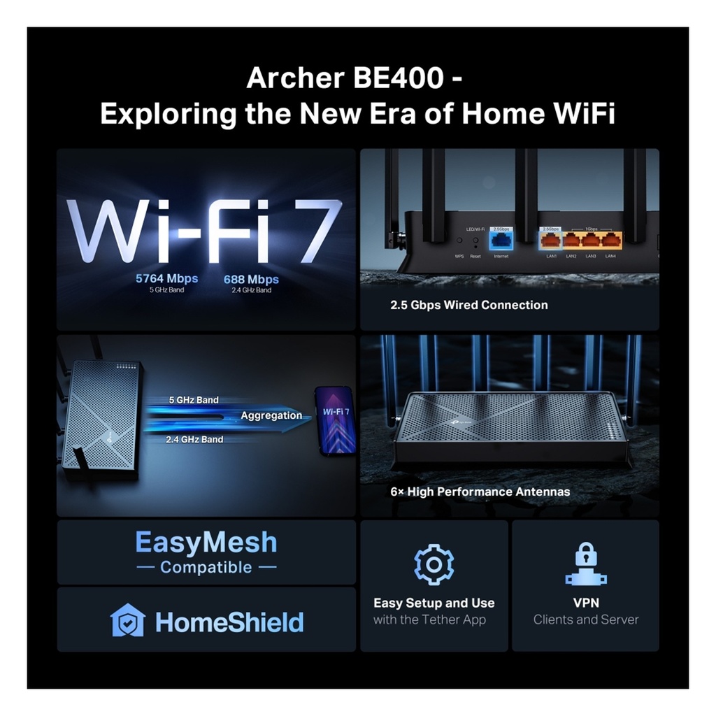 [BE400-Archer] TP-Link - Router Inalambrico Wi-Fi 7 EasyMesh Doble Banda de 6.5 Gbps Puertos 2.5G BE6500 WiFi7