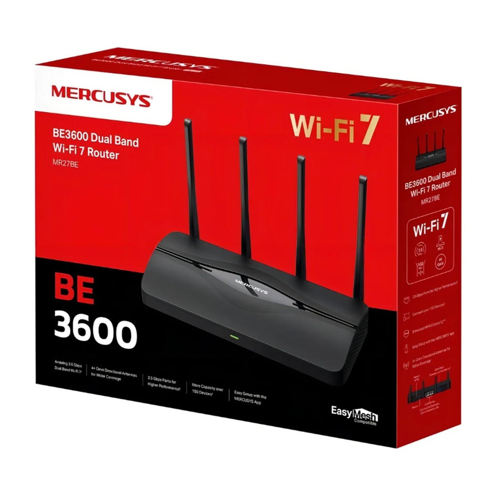 [MR27BE] Mercusys - Router Inalambrico Wi-Fi 7 EasyMesh Doble Banda de 3.6 Gbps Puertos 2.5G BE3600 WiFi7