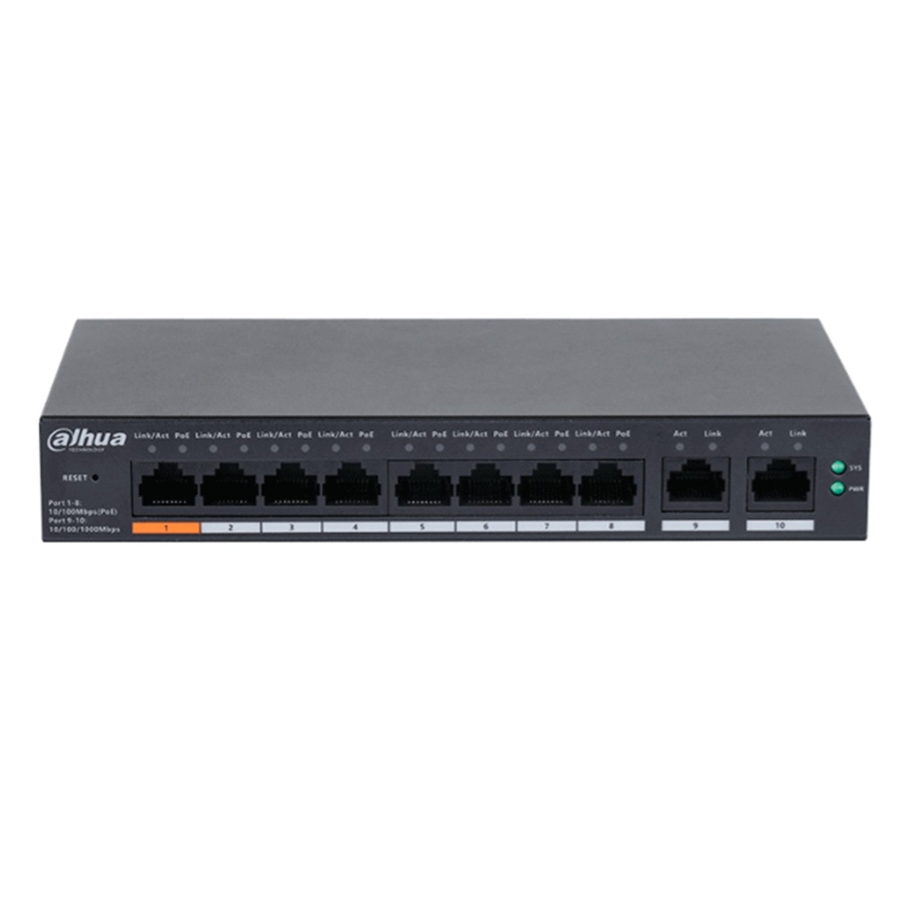 [DH-CS4010-8ET-60] Dahua - Switch Cloud L2 PoE de 10 Puertos con 8 Puertos RJ-45 PoE (10/100 Mbps) y 2 Puertos RJ-45 Uplink (Gigabit) Gestión en la Nube Carcasa Metálica Total PoE 60W