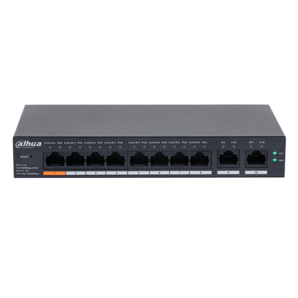 [DH-CS4010-8ET2GT-60] Dahua - Switch Cloud L2 PoE de 10 Puertos con 8 Puertos RJ-45 PoE (10/100 Mbps) y 2 Puertos RJ-45 Uplink (Gigabit) Gestión en la Nube Carcasa Metálica Total PoE 60W [Administrable]
