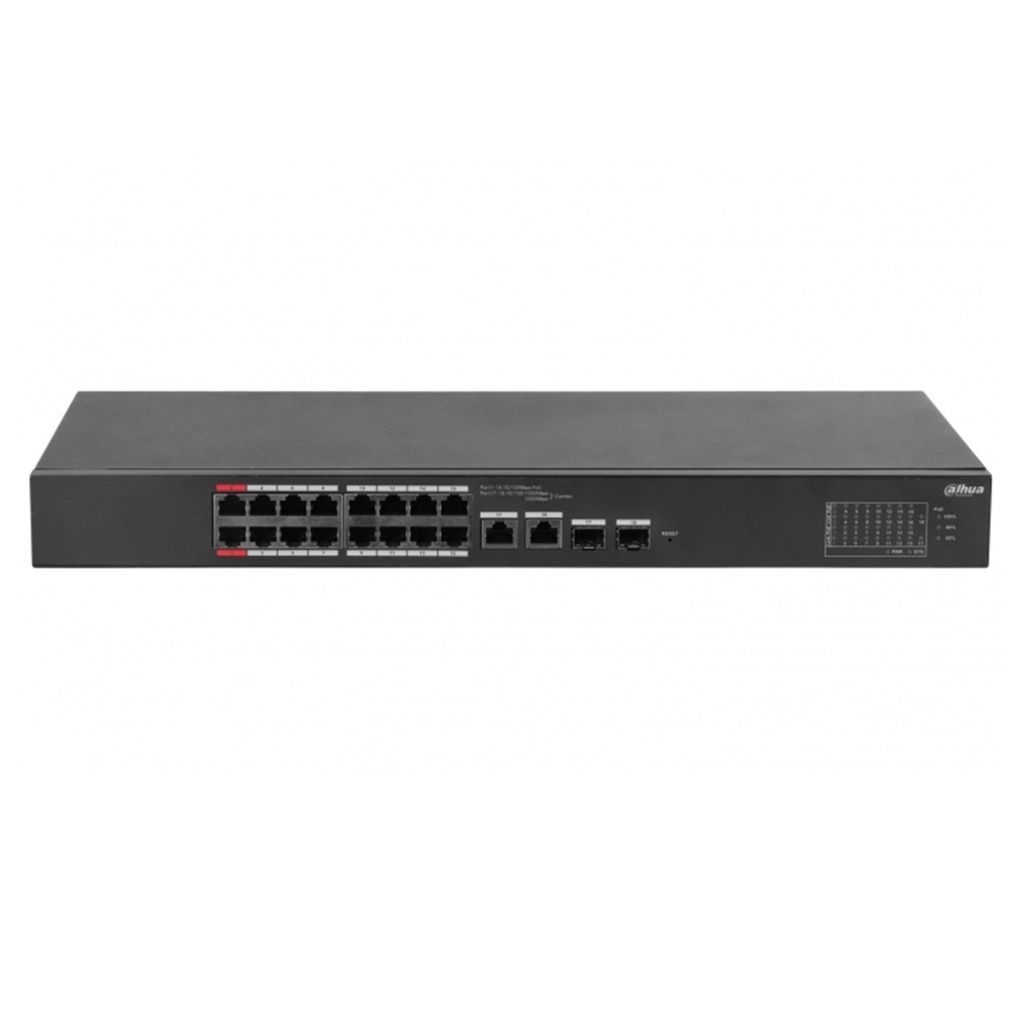 [DH-CS4218-16ET-135-V2] Dahua - Switch Cloud L2 PoE de 18 Puertos con 16 Puertos RJ-45 PoE (10/100 Mbps) 2 Puertos RJ-45 Uplink (Gigabit) y 2 Puertos SFP (1000 Mbps) Gestión en la Nube Carcasa Metálica Total PoE 135W [Administrable]