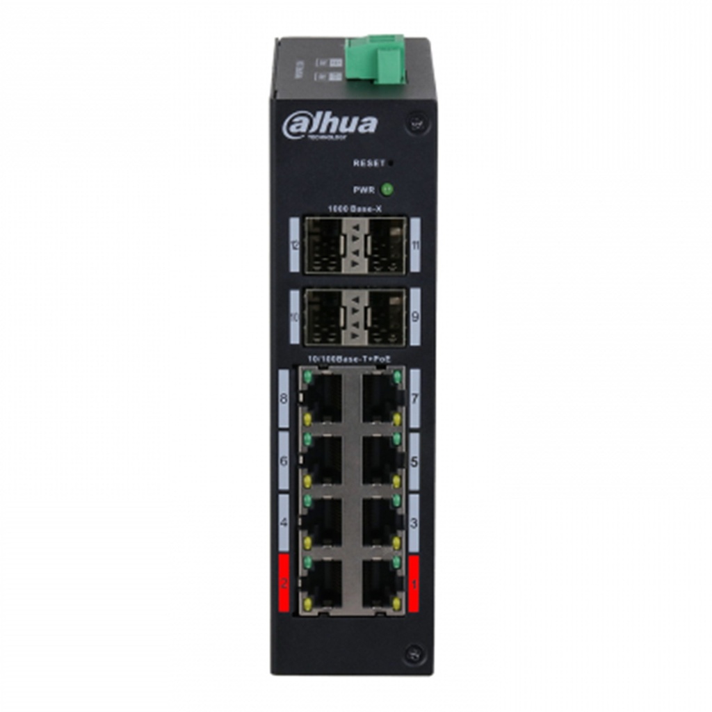 [DH-HS4412-8ET-96] Dahua - Switch Cloud L2 Industrial PoE de 12 Puertos con 8 Puertos RJ-45 PoE (10/100 Mbps) y 4 Puertos SFP Uplink (1000Mbps) Gestión en Nube Carcasa Metálica Total PoE 96W [Administrable]
