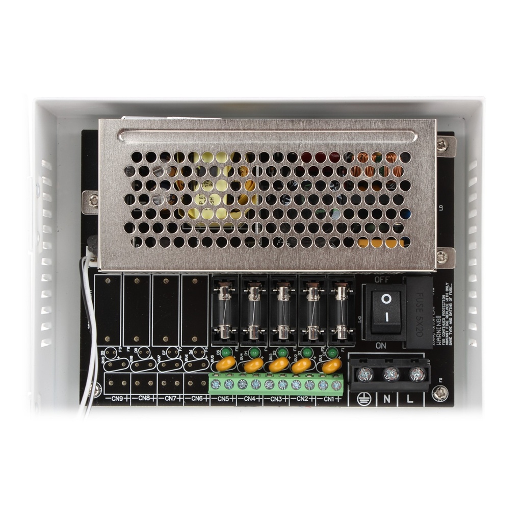 [DH-PFM340-5CH] Dahua - Fuente de Poder Centralizada de 12V 4A con Distribuidor para 5 Camaras Indicadores Led por Canal Voltaje de Entrada de AC90V-264V Fusibles Intercambiables Gabinete Metalico con Cerradura Protección Contra Descargas