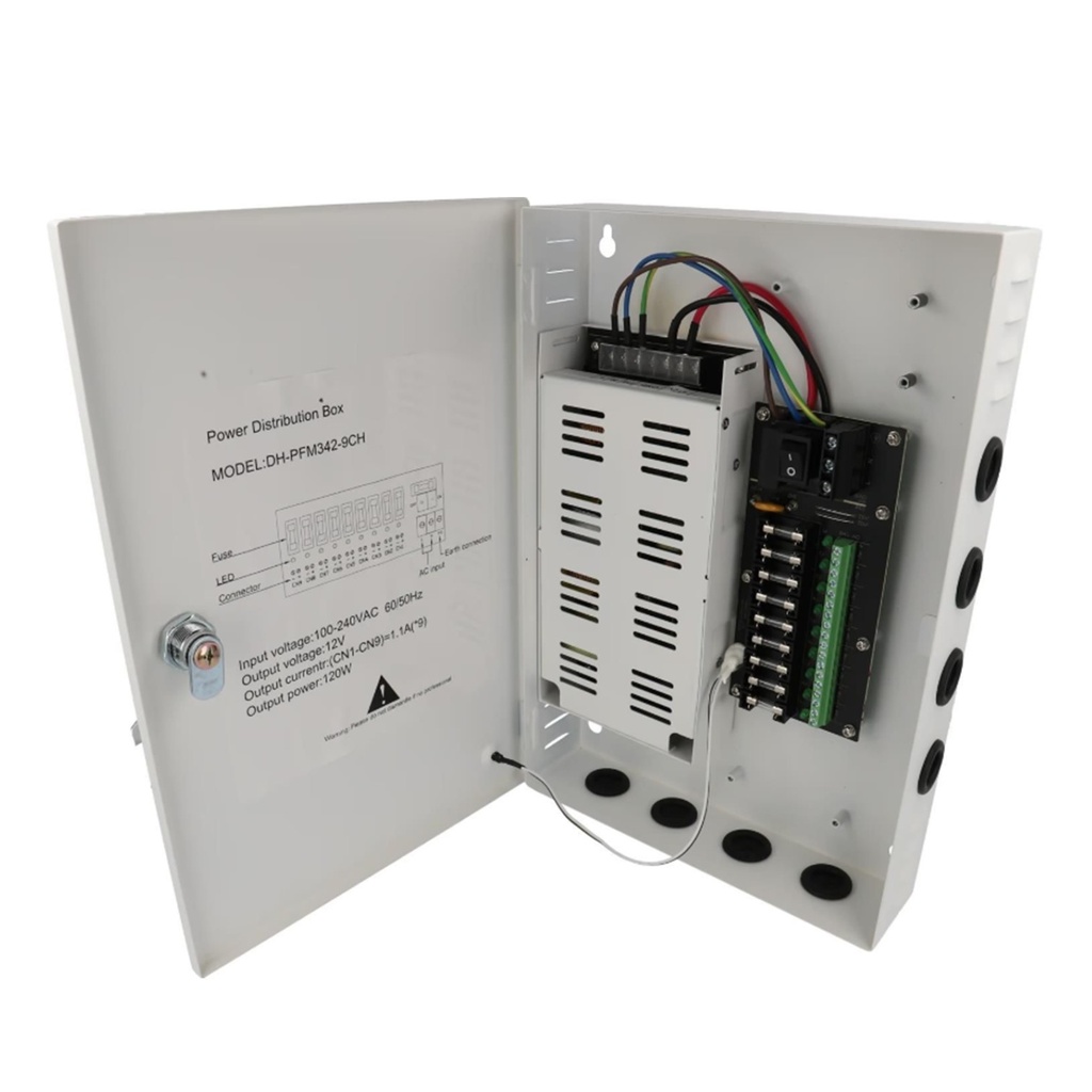 [DH-PFM342-9CH] Dahua - Fuente de Poder Centralizada de 12V 10A con Distribuidor para 9 Camaras Indicadores Led por Canal Voltaje de Entrada de AC90V-264V Fusibles Intercambiables Gabinete Metalico con Cerradura Protección Contra Descargas