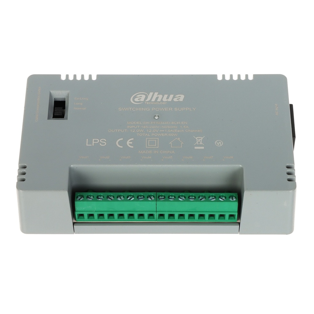 [DH-PFM344D-8CH-US-V2] Dahua - Fuente de Poder con Distribuidor para 8 Canales 12V 4 Amp 60W Voltaje de Salida Ajustable de 12V/13.5V/15V Protección de Voltaje Protección Contra Fuego V-0 Certificación FCC