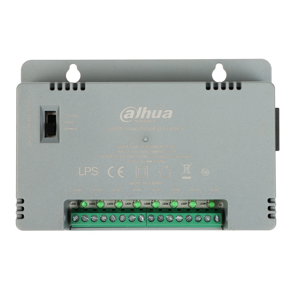 [DH-PFM344D-8CH-US-V2] Dahua - Fuente de Poder con Distribuidor para 8 Canales 12V 4 Amp 60W Voltaje de Salida Ajustable de 12V/13.5V/15V Protección de Voltaje Protección Contra Fuego V-0 Certificación FCC