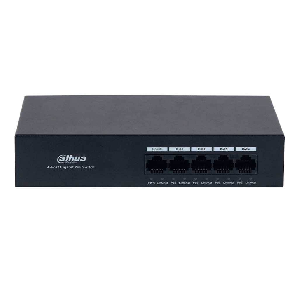 [DH-PFS3005-4GT-36] Dahua - Switch L2 PoE para Escritorio de 5 Puertos con 4 Puertos PoE (Gigabit) y 1 Puerto Uplink (Gigabit) Carcasa Metálica Total PoE 36W [No Administrable]