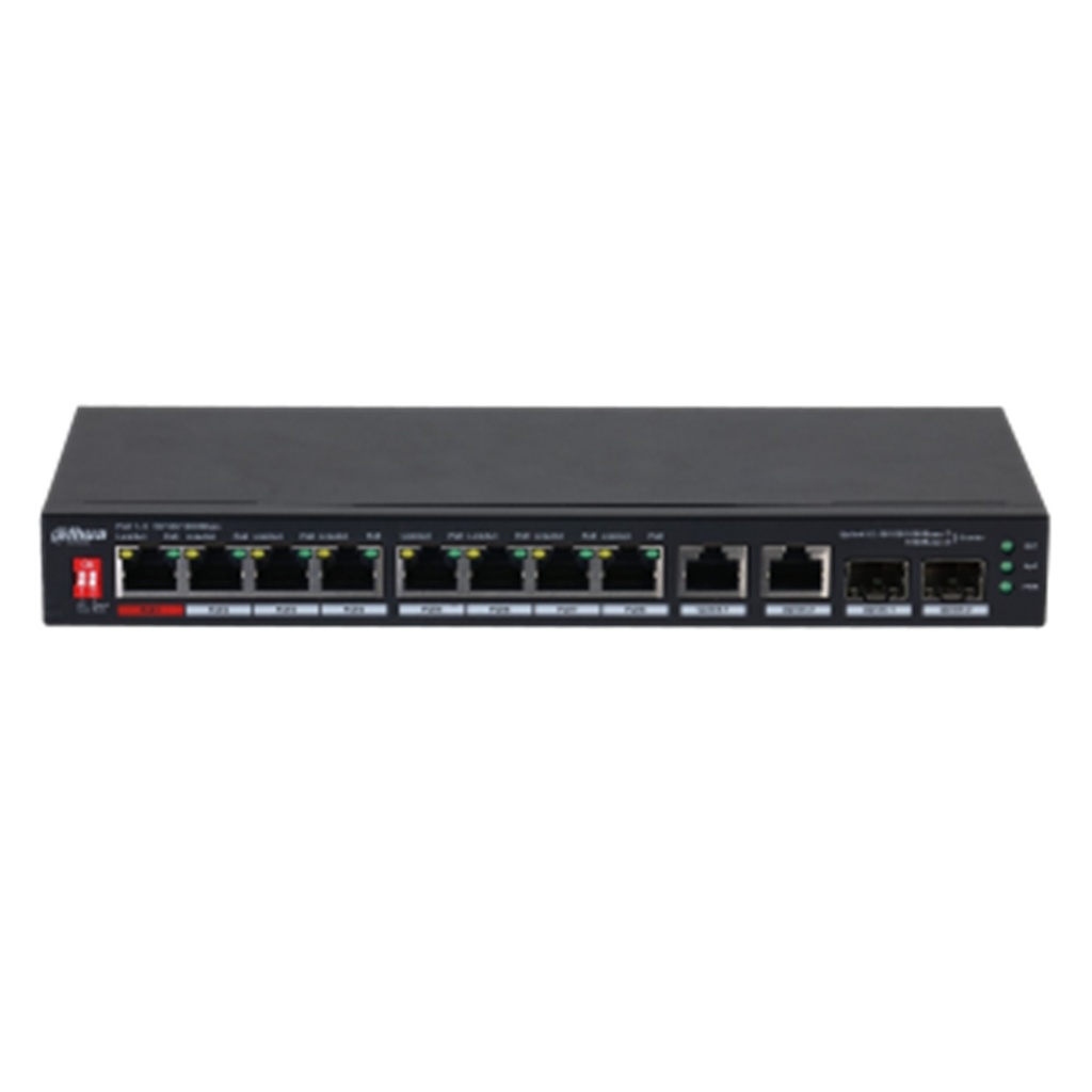 [DH-PFS3210-8GT2GF-96] Dahua - Switch PoE para Escritorio de 10 Puertos con 8 Puertos PoE (Gigabit) 2 Puertos Uplink (Gigabit) y 2 Puertos SFP (Gigabit) Carcasa Metálica Total PoE 96W [No Administrable]