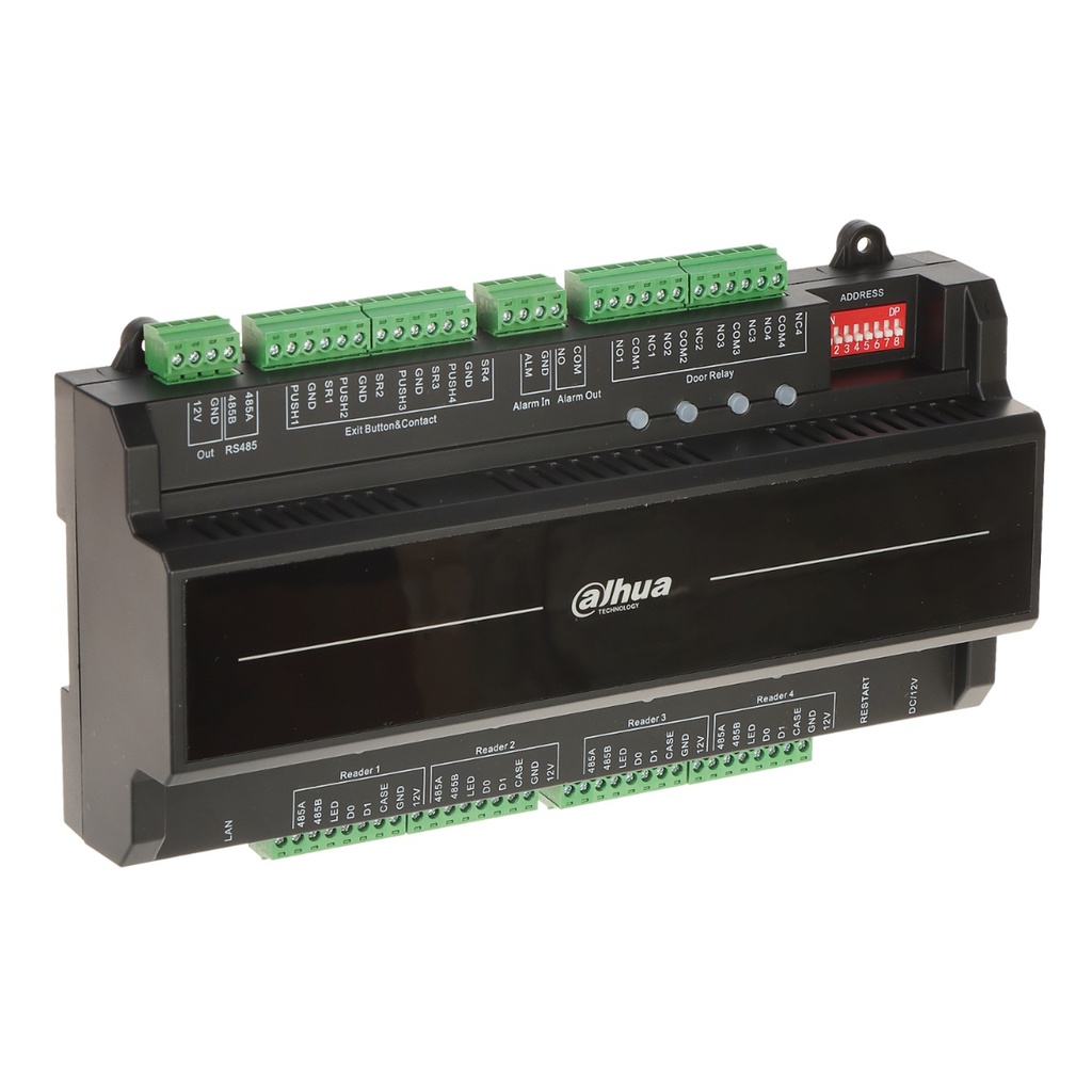 [DHI-ASC2204B-S] Dahua - Panel de Control de Acceso de 4 Puertas y 4 Lectoras (Admite 100.000 Usuarios 3.000 huellas 100.000 Tarjetas y 500.000 registros) Con Interlock Anti-passback Desbloqueo Remoto TCP/IP RS-485 y Wiegand PoE para Interiores