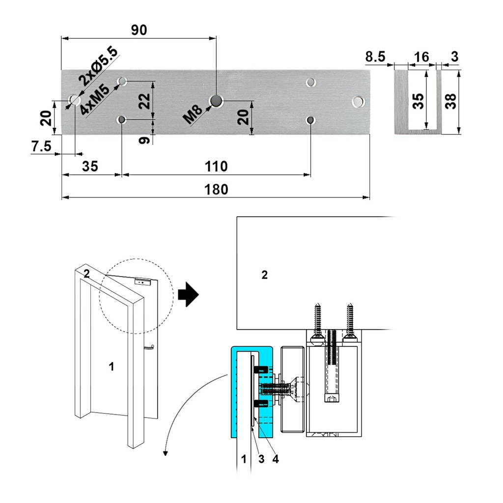 [DHI-ASF280U-V1] Dahua - Bracket Base o Soporte Tipo U para Cerradura Magnetica de 600 Lbs (280 Kgs) Compatible con DHI-ASF280A-V1