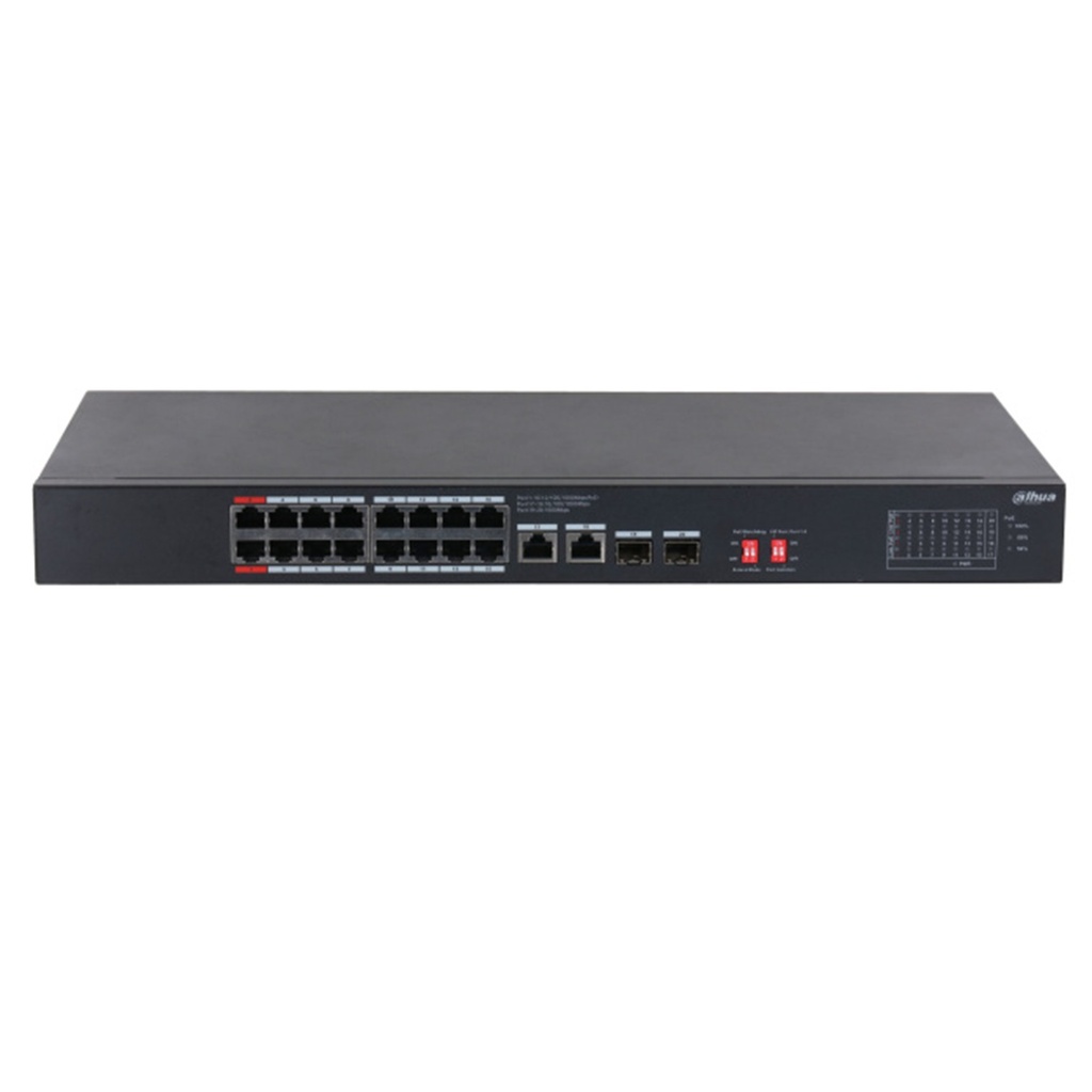 [DH-S3220-16GT-240] Dahua - Switch PoE para Montaje en Rack de 20 Puertos con 16 Puertos PoE (Gigabit) 2 Puertos Uplink (Gigabit) y 2 Puertos SFP (Gigabit) Carcasa Metálica Total PoE 240W [No Administrable]