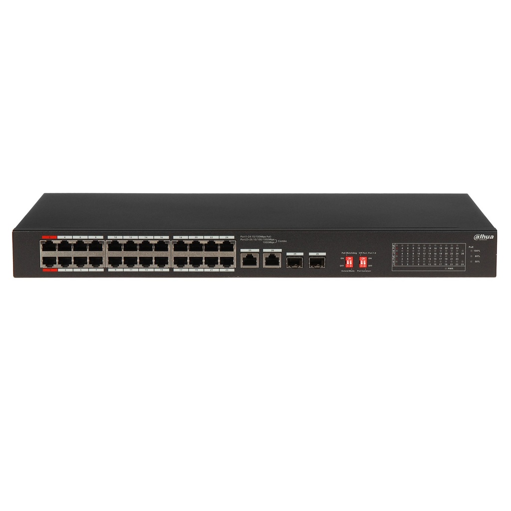 [DH-S3226-24ET-240] Dahua - Switch PoE para Montaje en Rack de 26 Puertos con 24 Puertos PoE (10/100 Mbps) 2 Puertos Uplink (Gigabit) y 2 Puertos SFP (Gigabit) Carcasa Metálica Total PoE 240W [No Administrable]