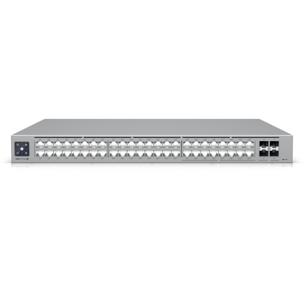 [USW-PRO-Max-48-PoE] Ubiquiti - UniFi Switch Pro Max 48 POE con Funciones Capa 3 48 Puertos (16 Puertos 2.5 GbE y 32 Puertos 1 GbE)  2 Puertos SFP+ 10G, POE++ 720W Pantalla Informativa