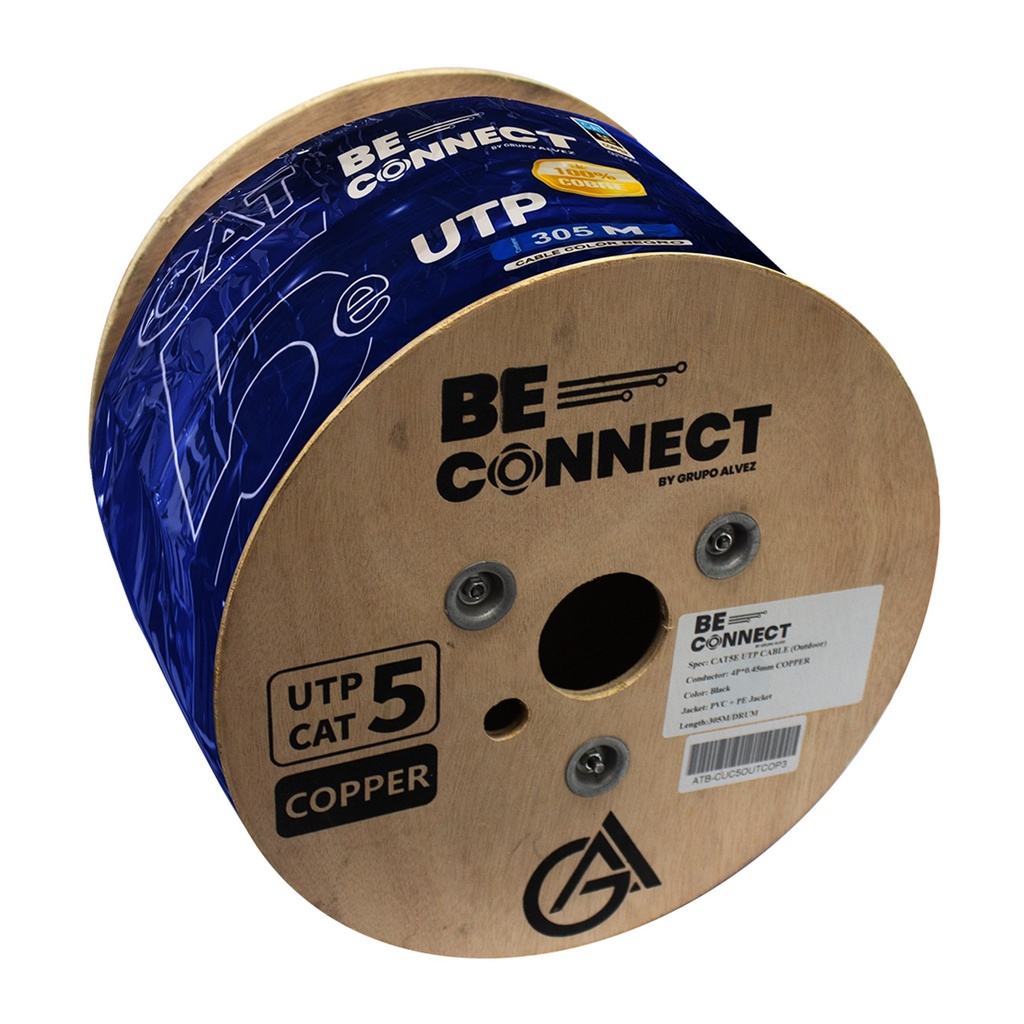 [ATB-CUC5OUTCOP3] Beconnect - Cable UTP CAT5e (Categoria 5e) Exterior 100% Cobre Doble Chaqueta 0.45MM Exterior (Negro) [Bobina 305 Metros]