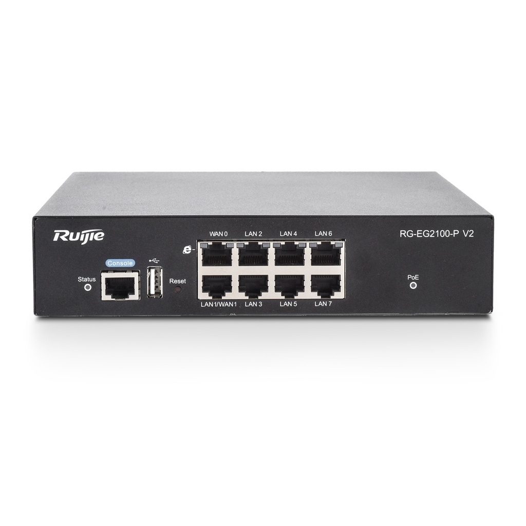 [RG-EG2100-P V2] Ruijie/Reyee - SMB Router Administrable 8 Puertos Giga (7x PoE+, 2x WAN Configurable) 135W 300 Clientes