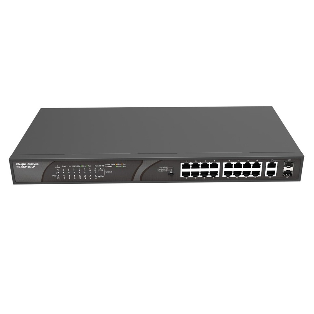 [RG-ES118S-LP] Ruijie/Reyee - SMB Switch Rackeable 16 Puertos 10/100Mbps POE FE + 2 Puertos GE 120 W