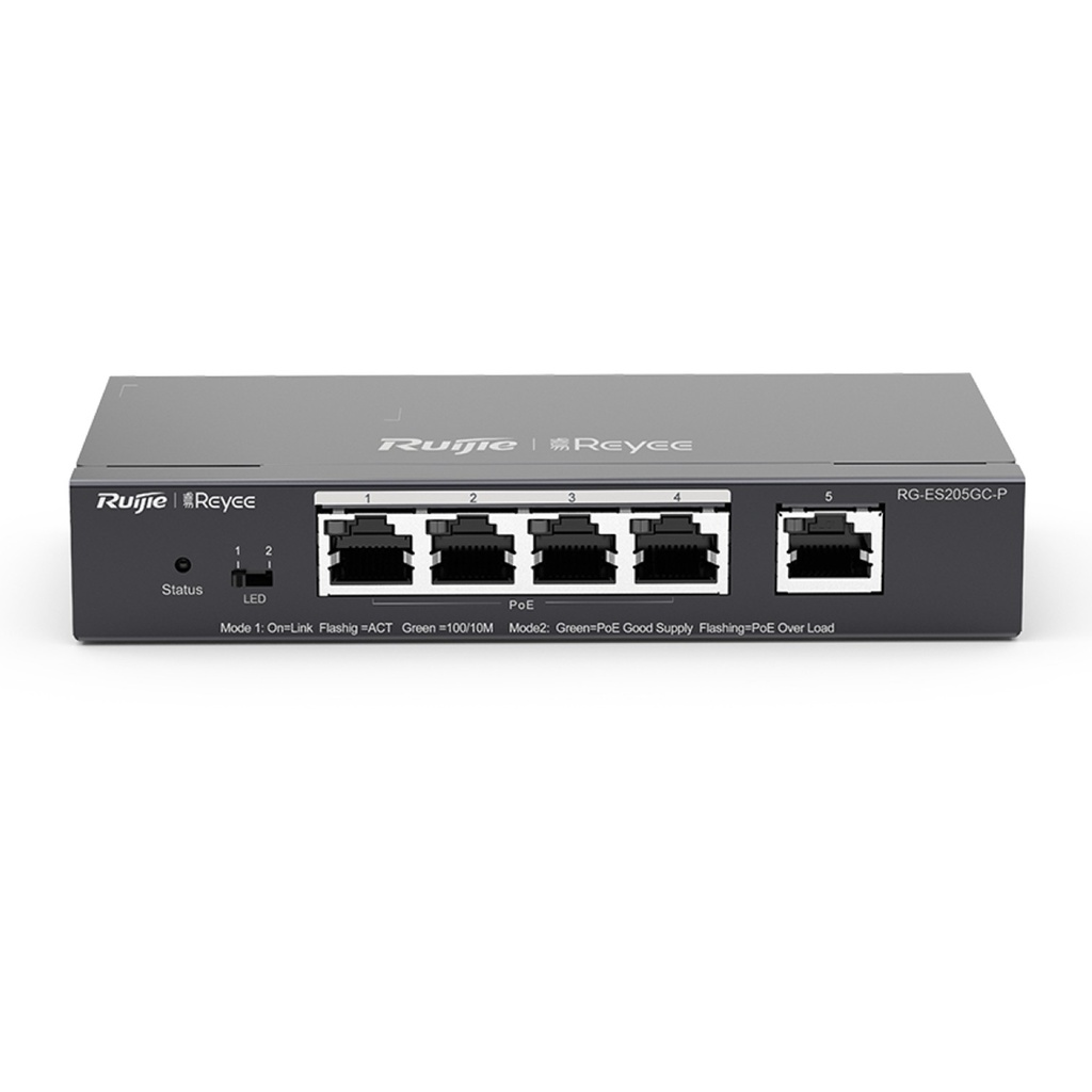[RG-ES205GC-P] Ruijie/Reyee - SMB Switch PoE con 5 Puertos Gigabit 4 PoE 802.3af/at 54W
