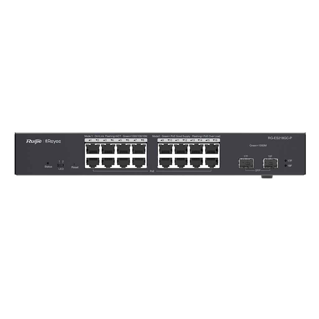 [RG-ES218GC-P] Ruijie/Reyee - SMB Switch Rackeable Administrable L2 PoE 16 Puertos Gigabit PoE 802.3 AF/AT + 2 SFP Fibra 1Gb 240W
