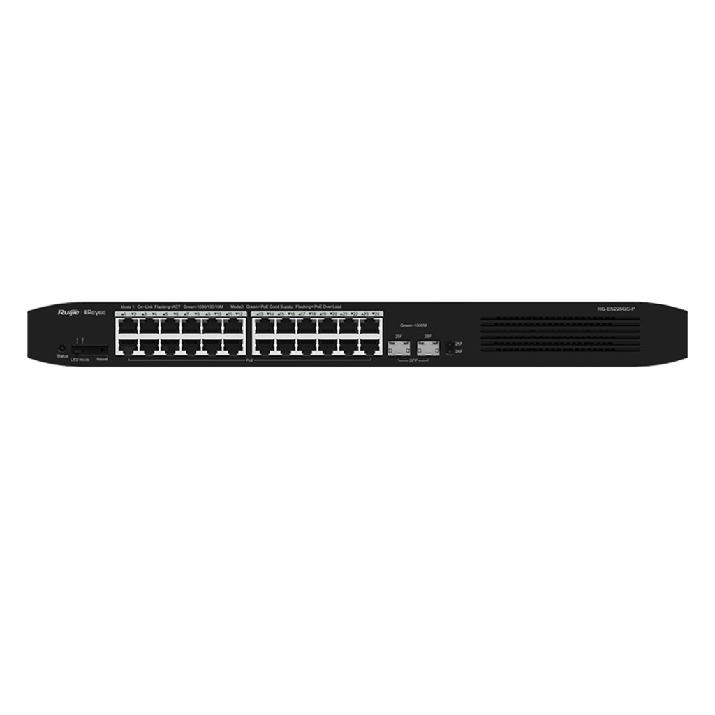 [RG-ES226GC-P] Ruijie/Reyee - SMB Switch Rackeable Administrable L2 PoE/PoE+ 24 Puertos Gigabit + 2 SFP 370W