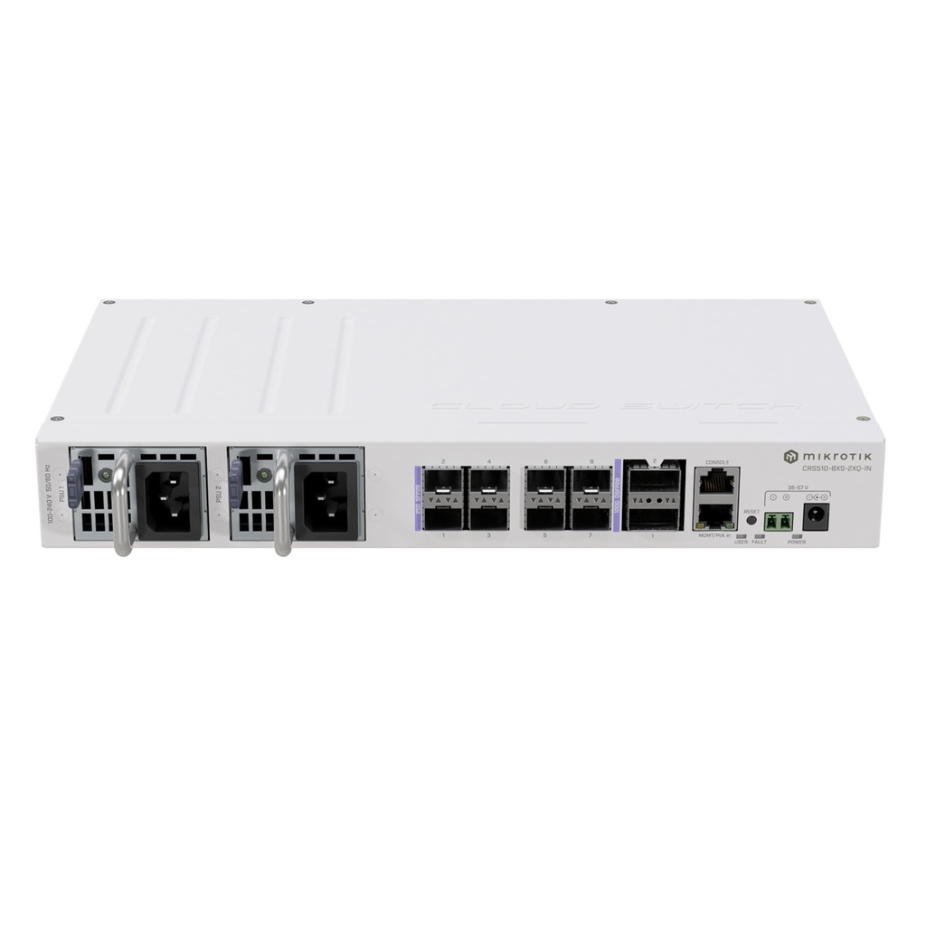 [CRS510-8XS-2XQ-IN] Mikrotik -  Cloud Router Switch de 2 Puertos 100 Gigabit QSFP28 8 Puertos 25 Gigabit SFP28 802.3 bt PoE-in