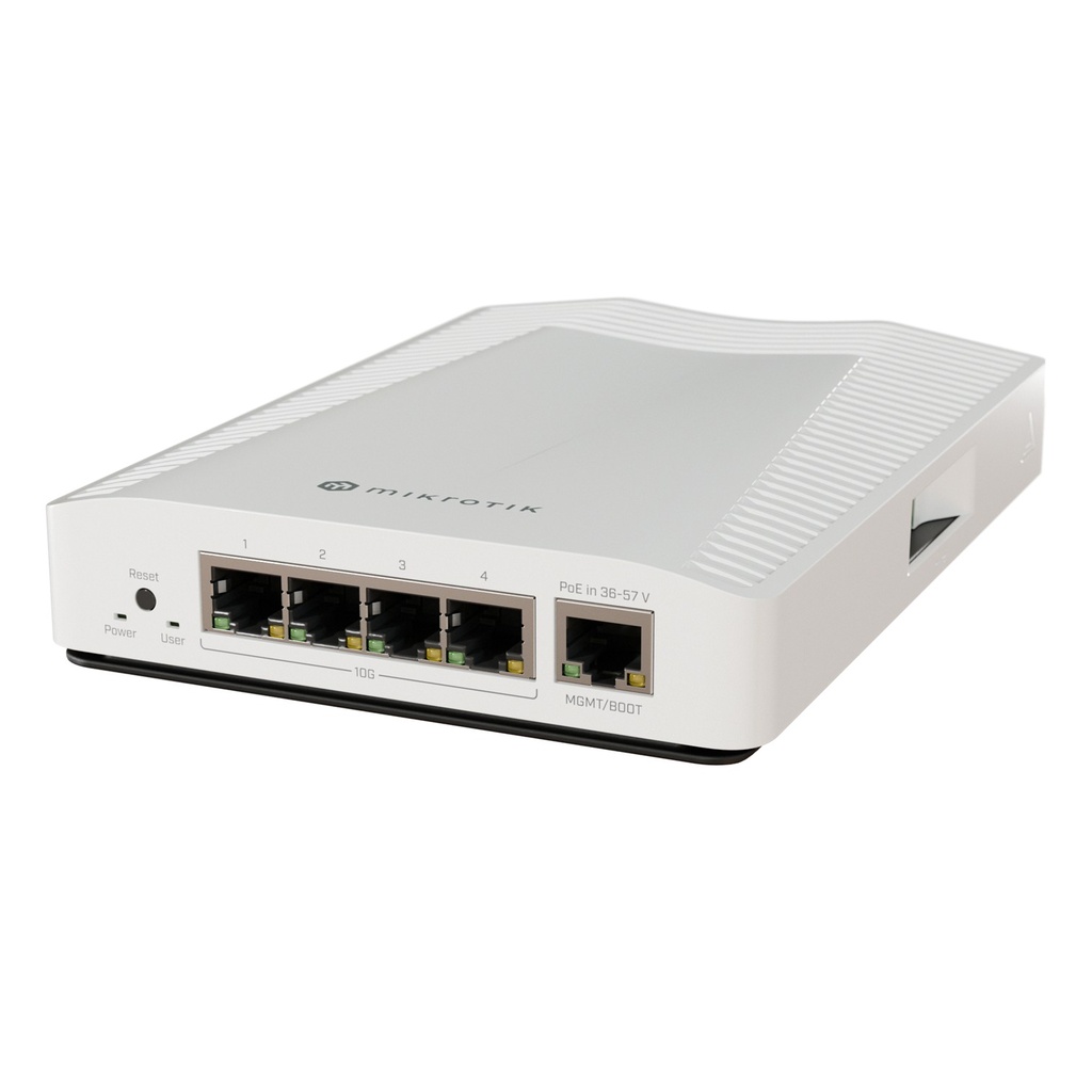 [CRS304-4XG-IN] Mikrotik - Cloud Router Switch PoE de 4 Puertos 10 G+ 1 Puerto Gigabit CPU con 2 Núcleos y Frecuencia de 1200 MHz (15W sin accesorios) RouterOS (solo v7)