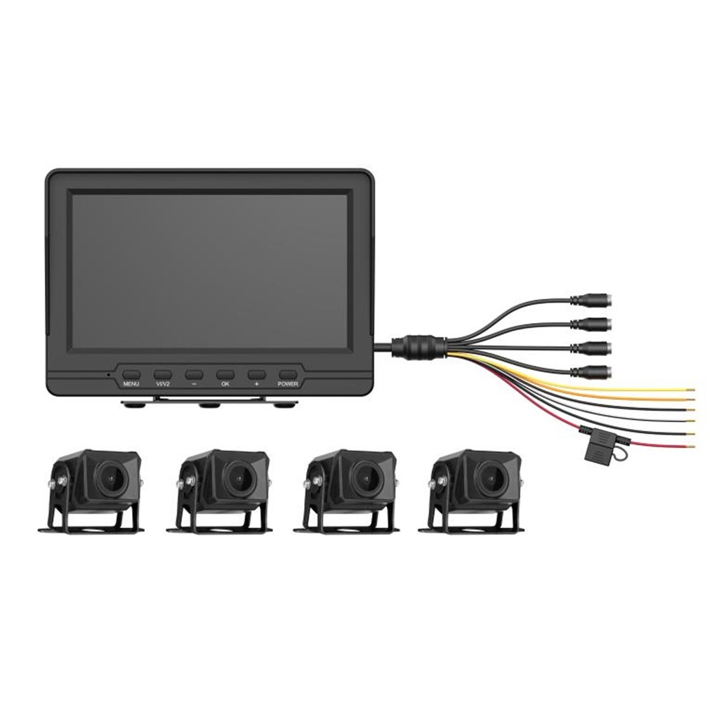 [AE-VD2501A-A/NTSC] Hikvision - Sistema de Monitoreo Local 4 Cámaras 1080p para Exterior (IP68) y Pantalla LCD de 7" a Color Soporta Cambio de Cámara al Dar Reversa al Vehiculo