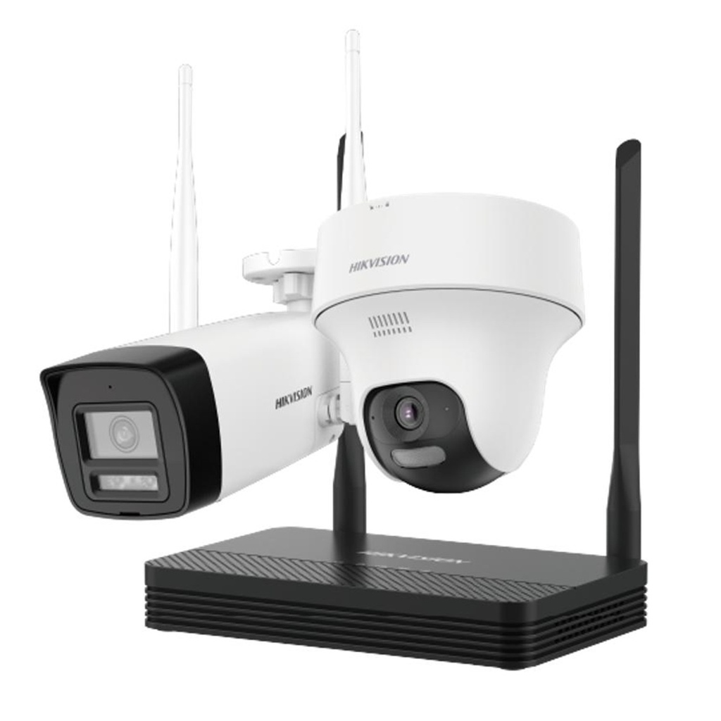 [DS-J142I/NKS422W02H] Hikvision - Kit IP Inalámbrico [2Mp] NVS 4 Canales Wi-Fi 1 Cámara Bullet Exterior + 1 Cámara Turret Interior con Lente 2.8 mm y Dual Light Audio Bidireccional Soporta Micro SD de 512 GB