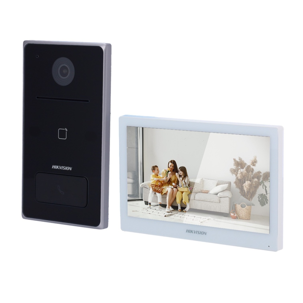 [DS-KIS608-P] Hikvision - Kit de Videoportero IP Frente de Calle para Exterior [2MP] Lector de Tarjeta MiFARE Monitor Interior WiFi Pantalla de 7" Touch