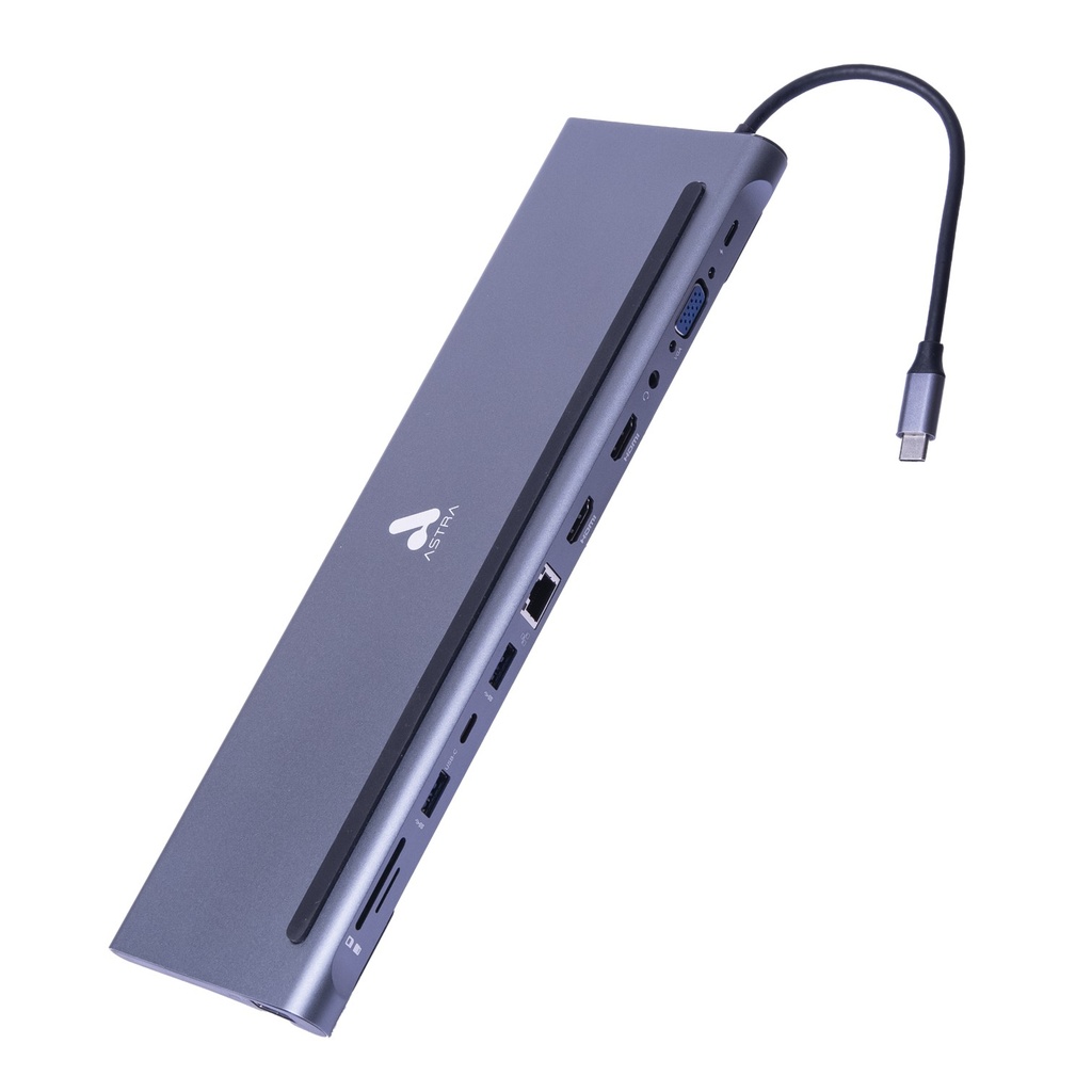 [GSDC4CE] Astra - Docking Station 12 en 1 Tipo C (USB2.0 + 2USB 3.0+2 HDMI 4K + VGA + Audio + PD + RJ45 + USB-C + SD/TF)