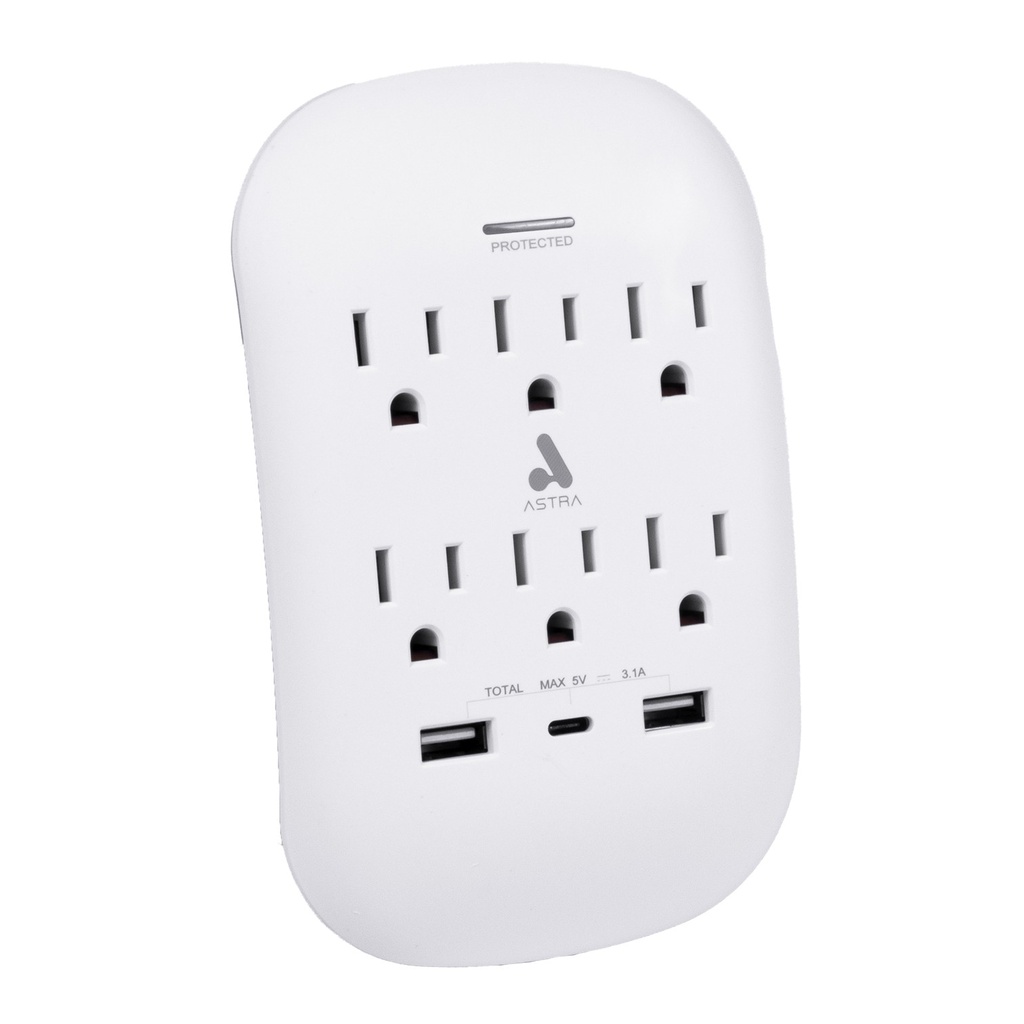 [YB1063UP] Astra - Toma Corriente Protector de Sobretensiones 6 Salidas 5-15R 125V/1875W 2 USB 3.1A 1 USB Tipo C 5V