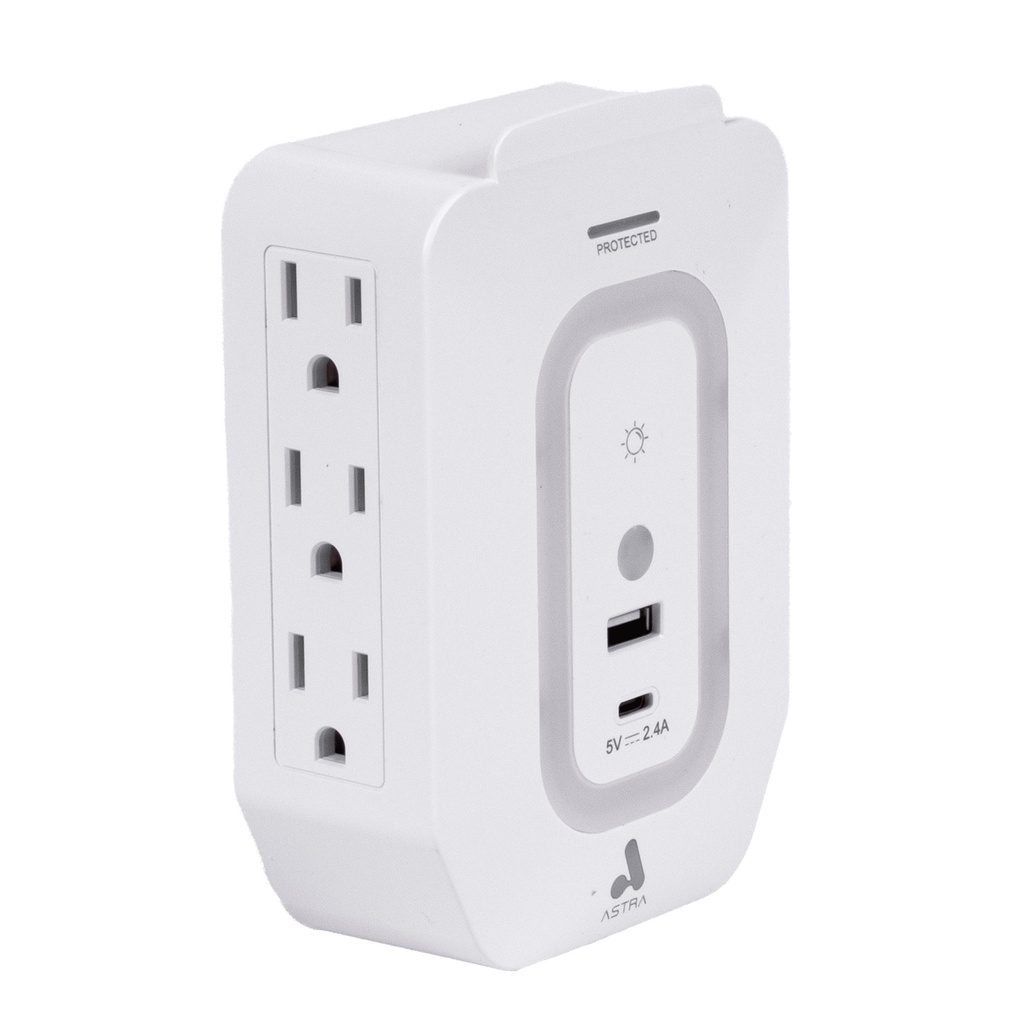 [YB4062UPYD] Astra - Toma Corriente Protector de Sobretensiones con Sensor de Luz 6 Salidas 5-15R 125V/1875W 1 USB 2.4A 1 USB Tipo C 5V
