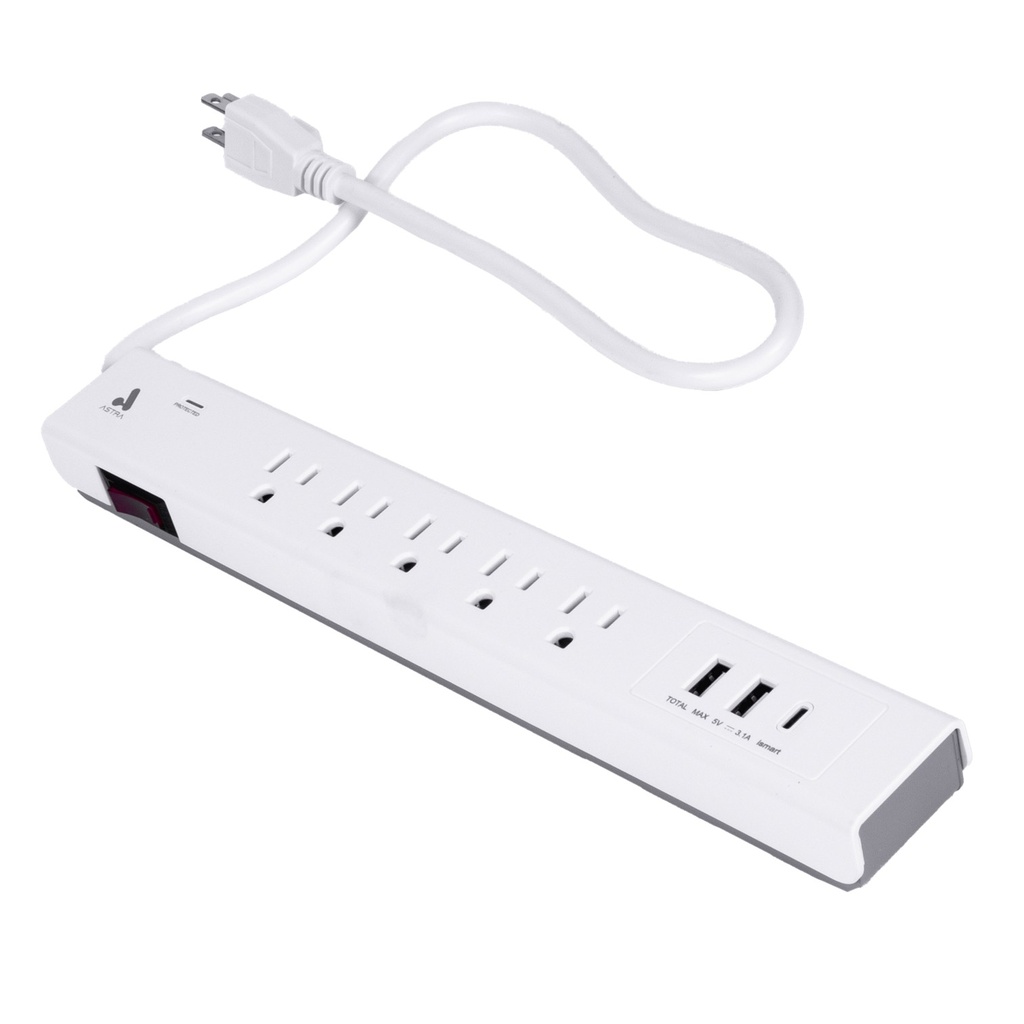 [YC305S3UP] Astra - Regleta Protector de Sobretensiones con Interruptor de Luz 5 Salidas 5-15R 125V/1875W 2 USB 3.1A 1 USB Tipo C 5V