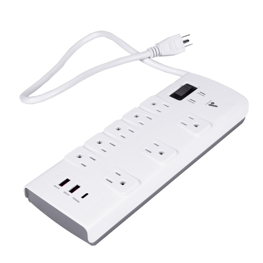 [YC308FS3UP] Astra - Regleta Protector de Sobretensiones con Interruptor de Luz 8 Salidas 5-15R 125V/1875W 2 USB 3.0A 1 USB Tipo C 5V