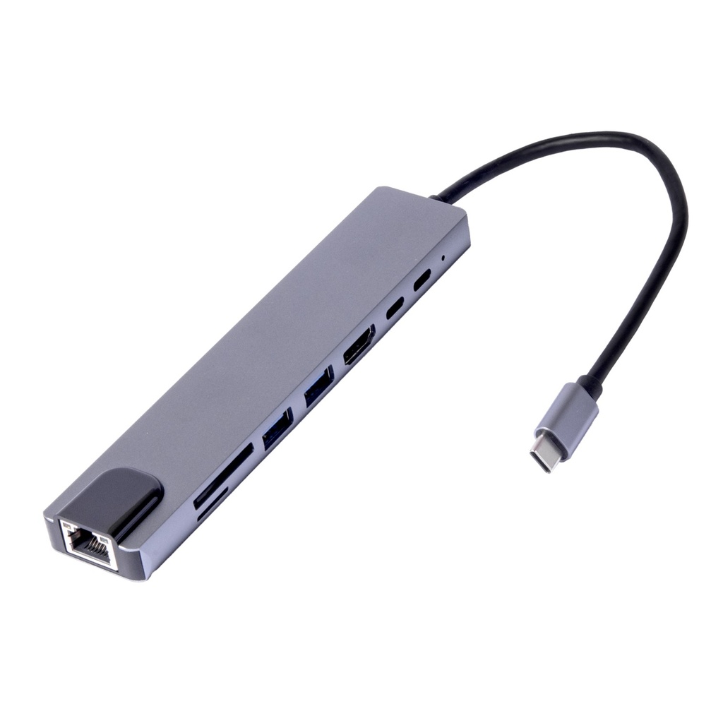 [AS8EN1] Astra - Adaptador 8 en 1 Tipo C (RJ45 + TF/SD + HDTV + USB x 2 + TIPO C + PD)