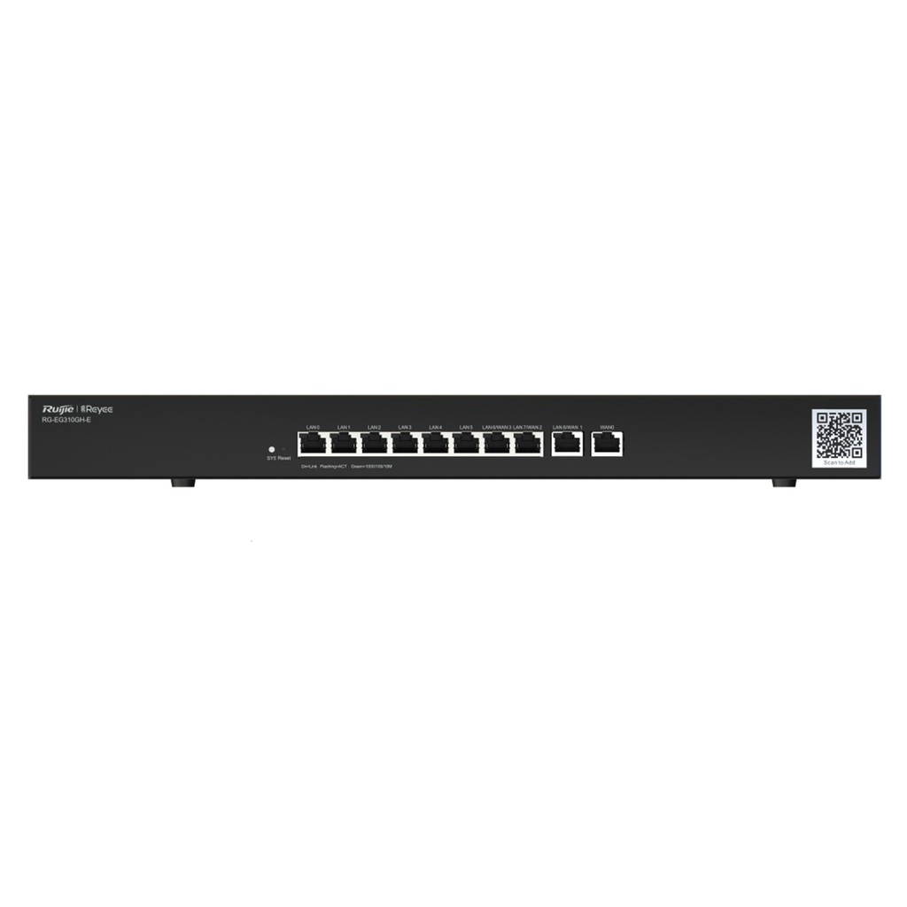 [RG-EG310GH-E] Ruijie/Reyee - SMB Router Balanceador SD-WAN Rackeable 6 Puertos LAN y 3 Puertos LAN/WAN Gigabit y 1 Puerto WAN Gigabit 350 Clientes 1.5 Gbps 64 VPN