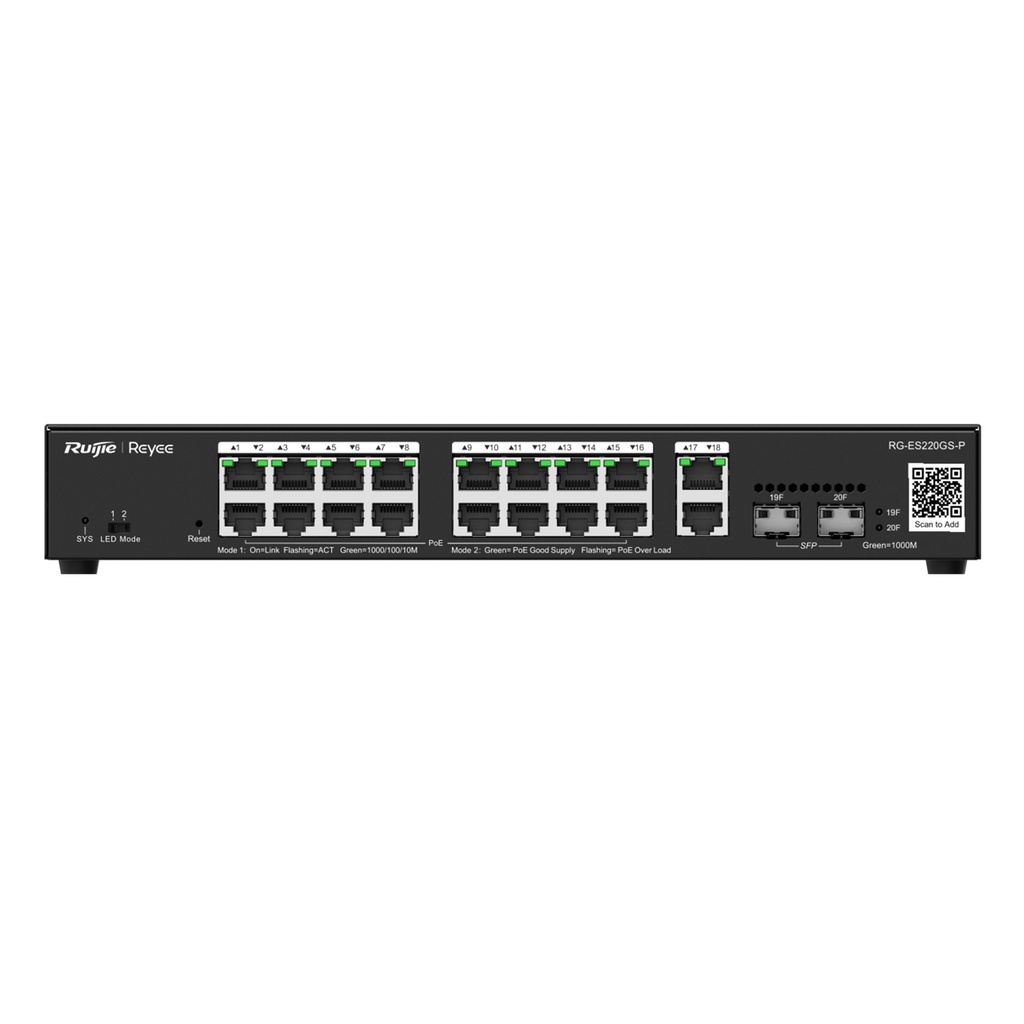 [RG-ES220GS-P] Ruijie/Reyee - SMB Switch Rackeable Administrable L2 PoE con 18 Puertos Gigabit PoE 802.3af/at + 2 SFP 1Gb 250W