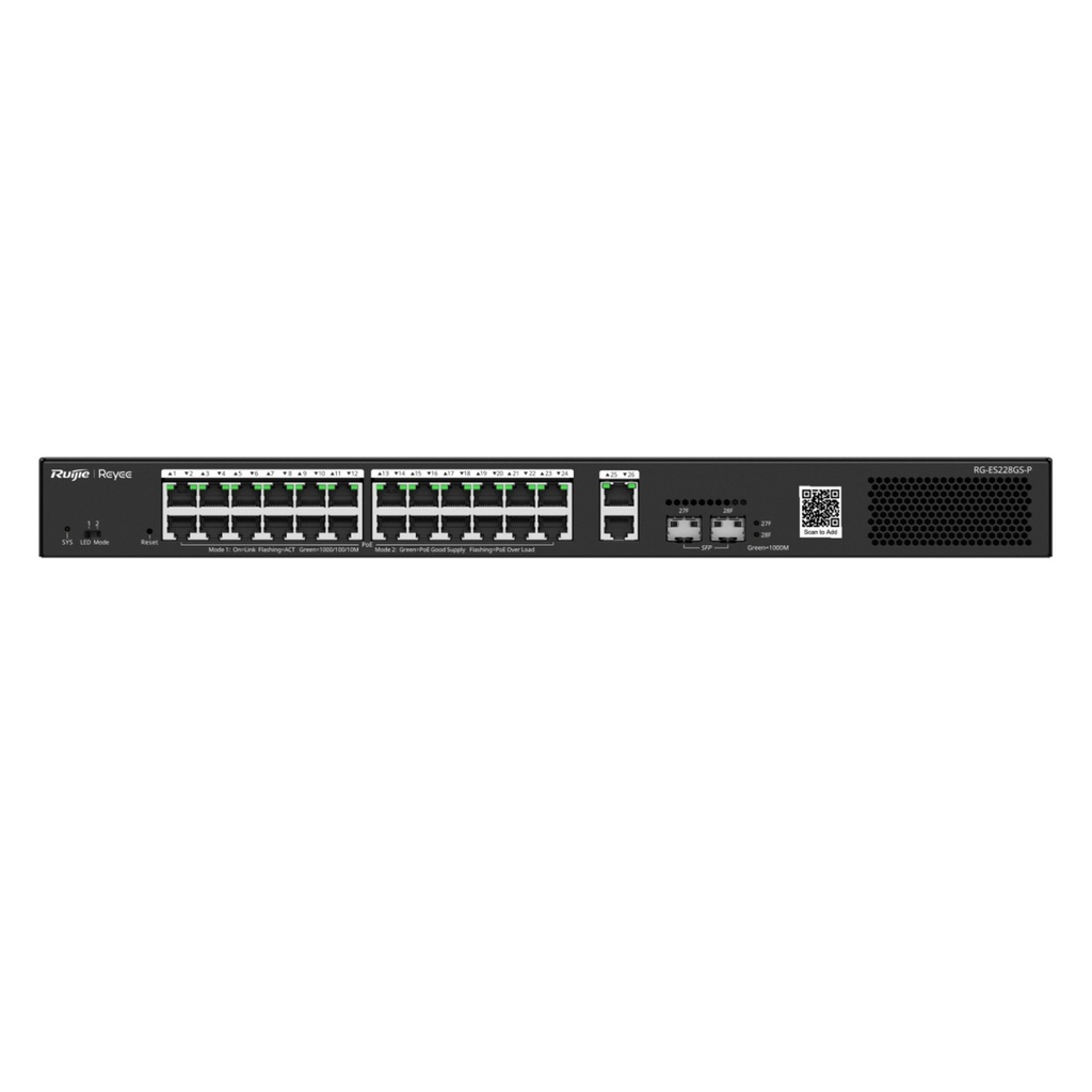 [RG-ES228GS-P] Ruijie/Reyee - Switch Rackeable Administrable L2 PoE 26 Pts (24 POE Gigabit 802.3af/at  + 2 Pts no POE) + 2 SFP 1Gb 370W