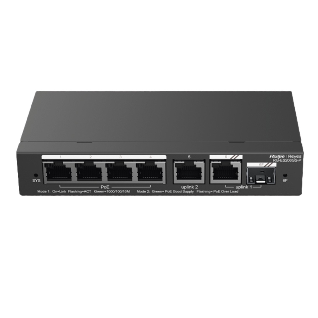 [RG-ES206GS-P] Ruijie/Reyee - SMB Switch 4 Puertos Gigabit PoE 2 Uplink Gigabit y 1 Uplink Gigabit SFP 54W