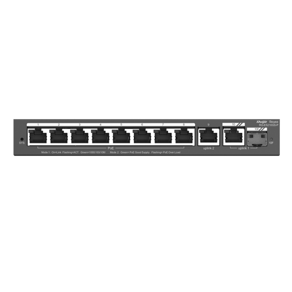 [RG-ES210GS-P] Ruijie/Reyee - SMB Switch 8 Puertos Gigabit PoE + 2 Uplinks Gigabit (1 SFP) 120W