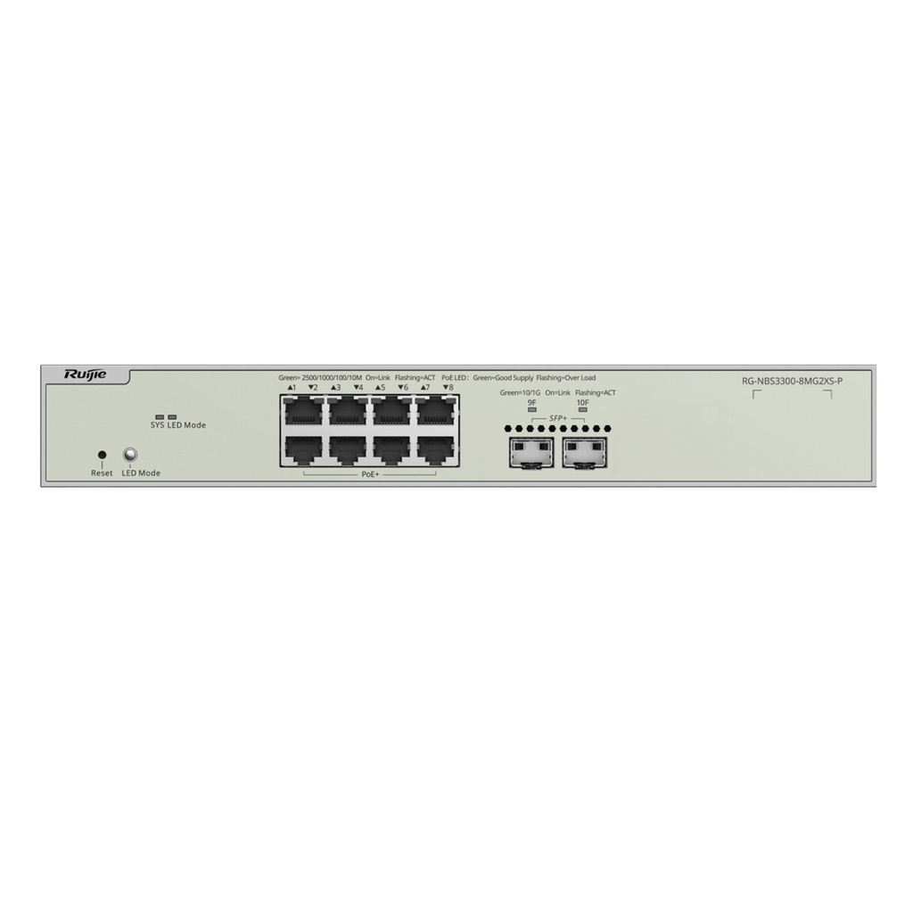 [RG-NBS3300-8MG2XS-P] Ruijie/Reyee - SME Switch Multi-Gigabit PoE+ Capa 2 con 8 Puertos 2.5G PoE+ hasta 240W y 2 Uplink SFP+ 10G Diseñado Para Access Points WiFi 6/7