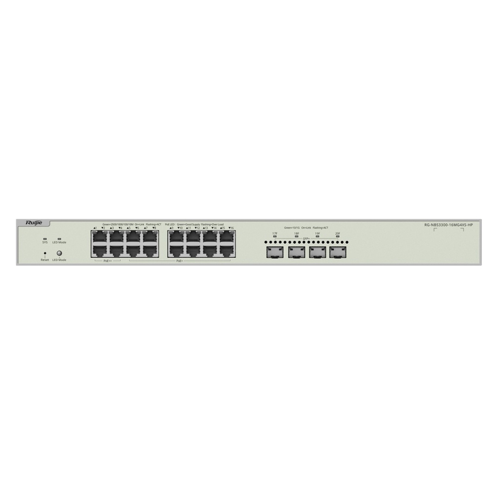 [RG-NBS3300-16MG4XS-HP] Ruijie/Reyee - SME Switch Multi-Gigabit PoE++ hasta 370W Capa 2 con 4 Puertos 2.5G (90W) 12 Puertos 2.5G (30W) y 4 Uplink SFP+ 10G Diseñado Para Access Points WiFi 6/7