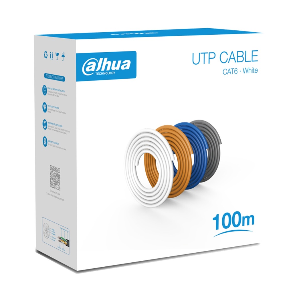 [DH-PFM920I-6UN-C-100-white] Dahua - Cable UTP CAT6 (Categoria 6) 100% Cobre 24AWG 0.53MM Interior (Blanco) [Caja 100 Metros]