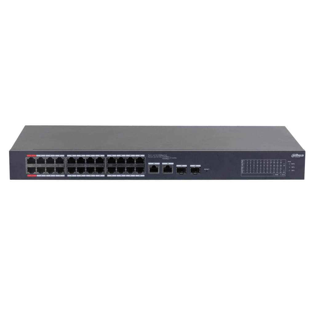 [DH-CS4226-24ET-240] Dahua - Switch de 26 Puertos 24 Puertos PoE 10/100 2 Uplink 10/100/1000 + 2 Puertos SFP 240 Watts Totales Administrable en la Nube por DoLynk Care PoE Hasta 250 Metros Switching 8.8 Gbps